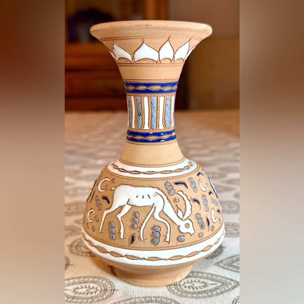 Handmade & Hand-painted Red Clay Vase, Made in Rhodes, Greece, Artist Signed